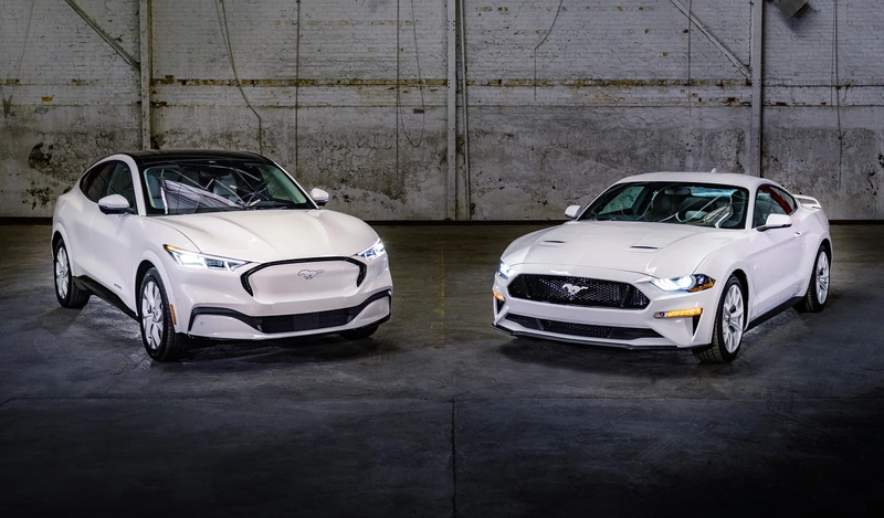 2022 Ford Mustang and Mustang Mach E with White on White styling package.