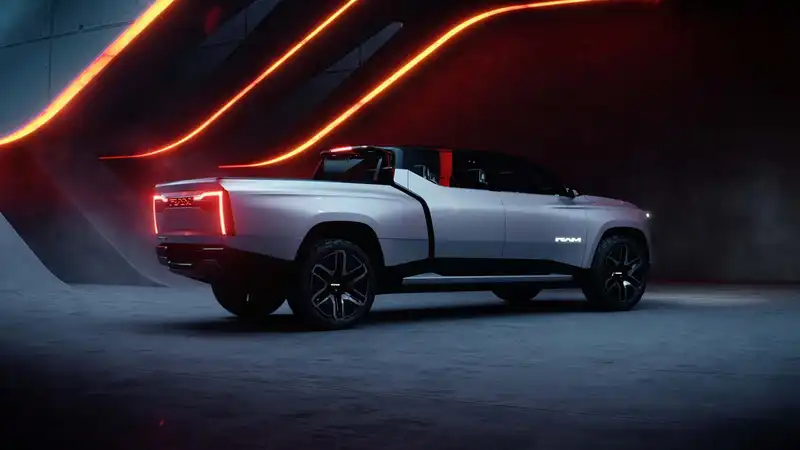 Electric Ram truck with deployable rear step that also serves as a diffuser?